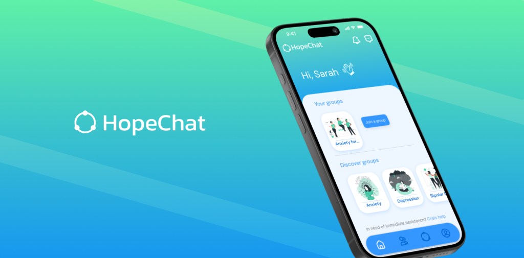 A preview image of the HopeChat mobile app prototype, showing the app's home screen on an iPhone.